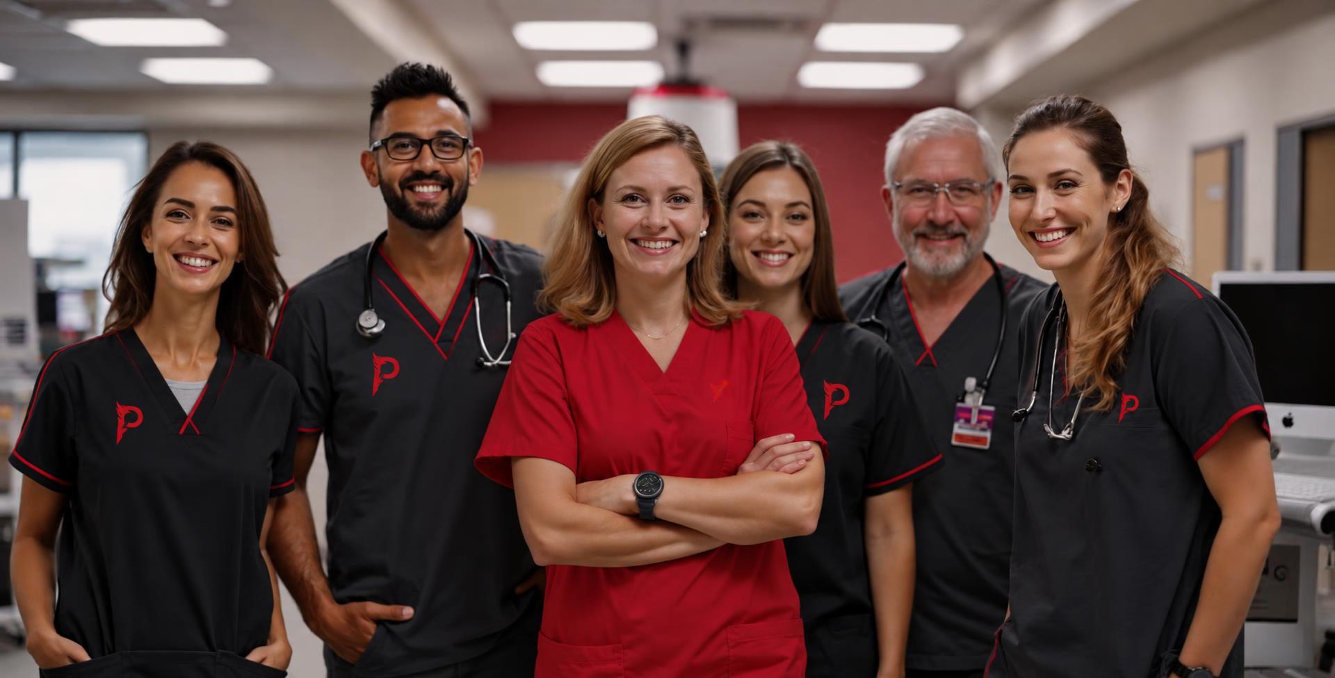 Phoenix Globaltech healthcare team in black and red scrubs with the Phoenix P logo